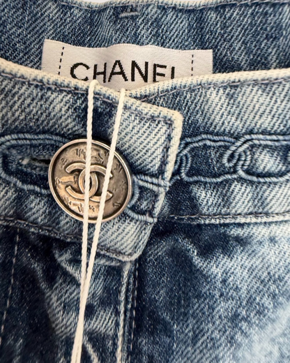 Chanel 26P Braided-Trim Wide-Leg Denim Jeans Blue FR 38