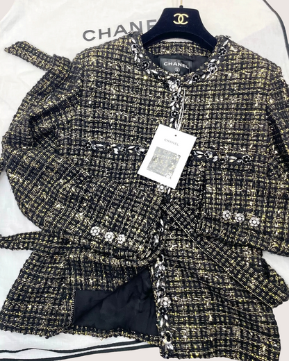 Chanel 25A Tweed Camellia Sequin Jacket Black, Gold FR 36