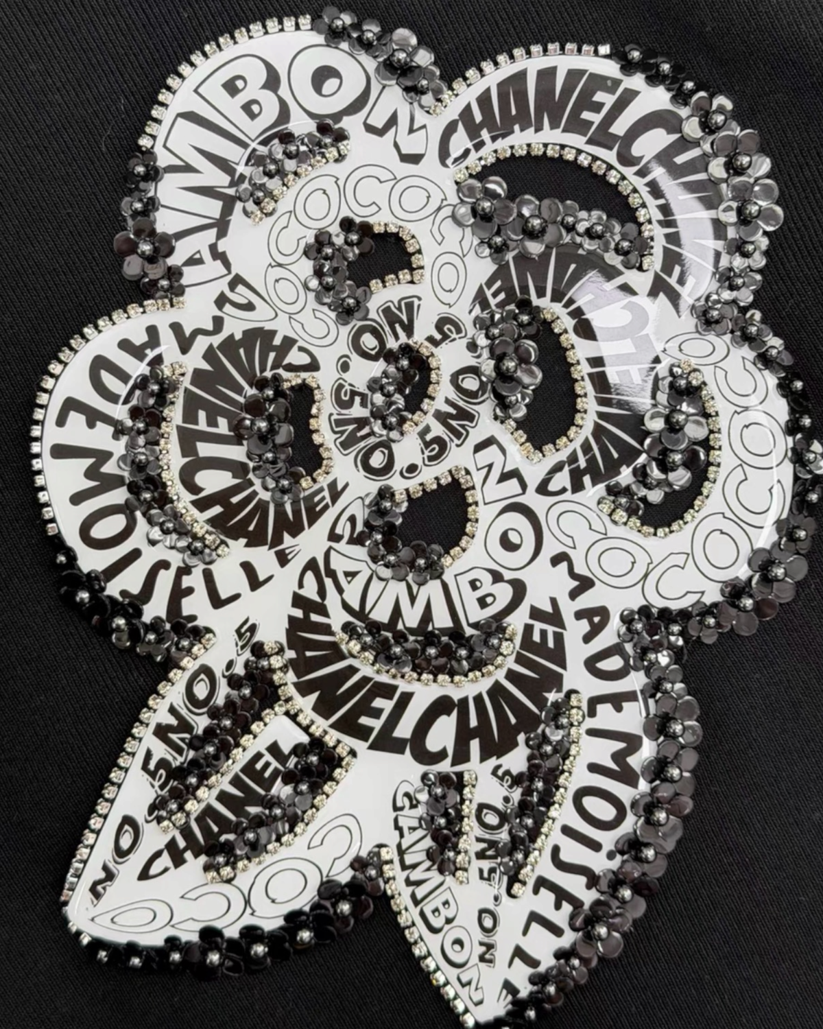 Chanel 23K Sequin Camellia Logo T-Shirt Black, White FR 38