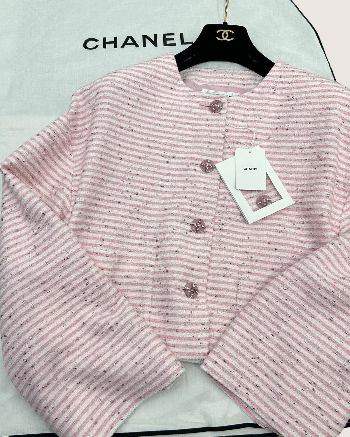 Chanel 24C Striped Tweed Shimmer Jacket Pink, White