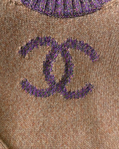 Chanel 22K Cashmere Contrast-Trim CC Sweater Beige/Ecru, Purple FR 34