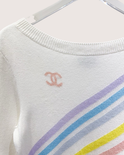 Chanel 19C Cashmere Rainbow Striped Sweater White, Multicolor FR 34
