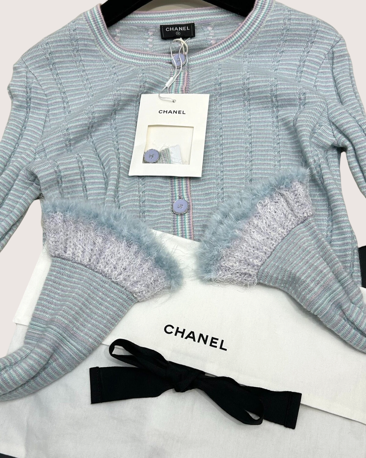 Chanel 25B Cashmere Striped Fringe-Cuff Cardigan Blue, White, Multicolor FR 34
