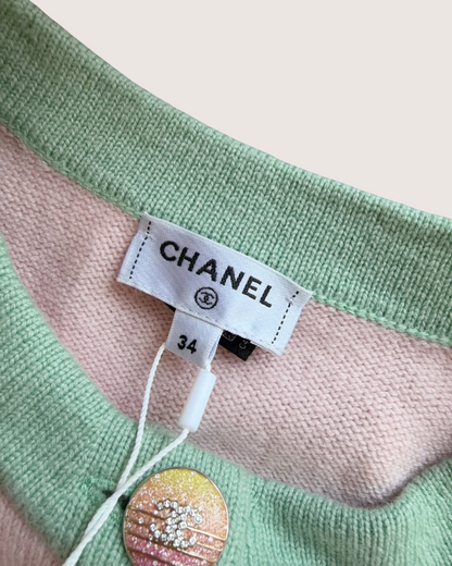 Chanel 24C Cashmere Contrast-Trim Four-Pocket Cardigan Pink, Green FR 34