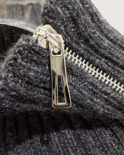 Hermès Wool Ribbed Zip-Neck Sweater Grey FR 40