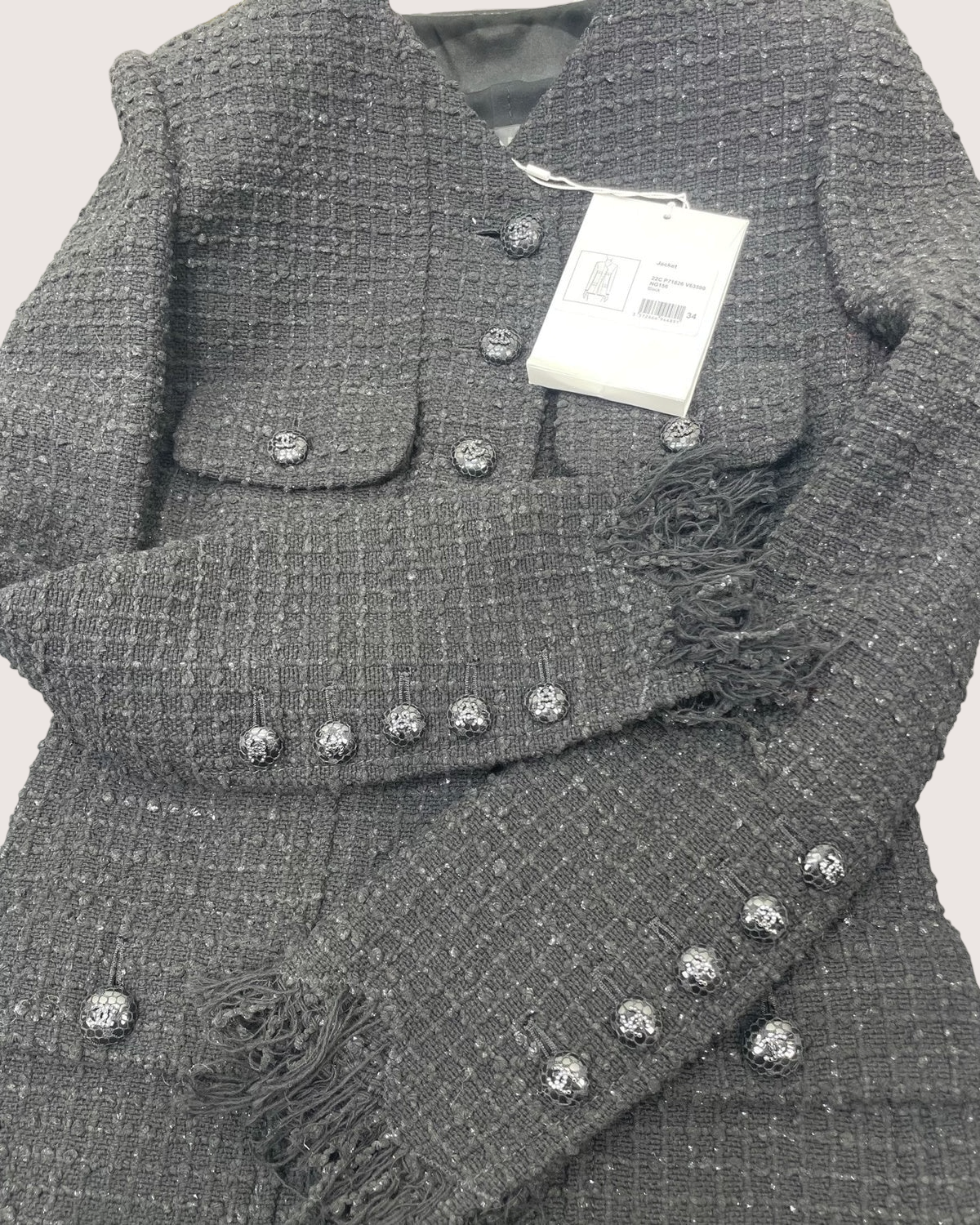 Chanel 22C Fringe Tweed Jacket Black FR 34