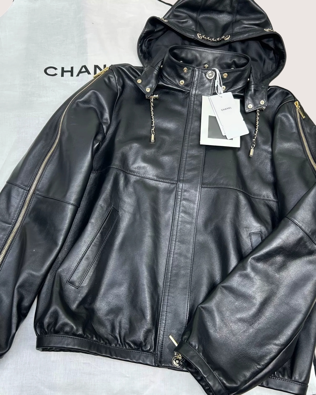 Chanel 26P Hooded Leather Jacket Black FR 34