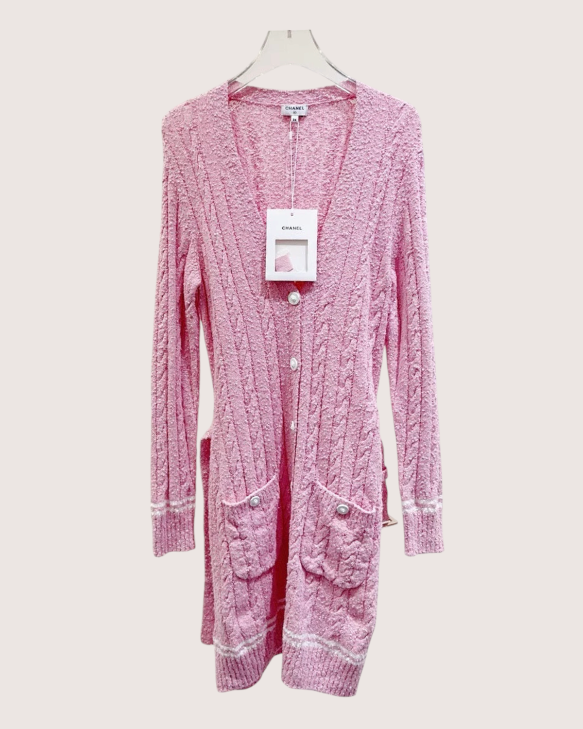 Chanel 22P Belted Bouclé Cardigan Pink, White FR 34