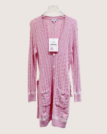 Chanel 22P Belted Bouclé Cardigan Pink, White FR 34