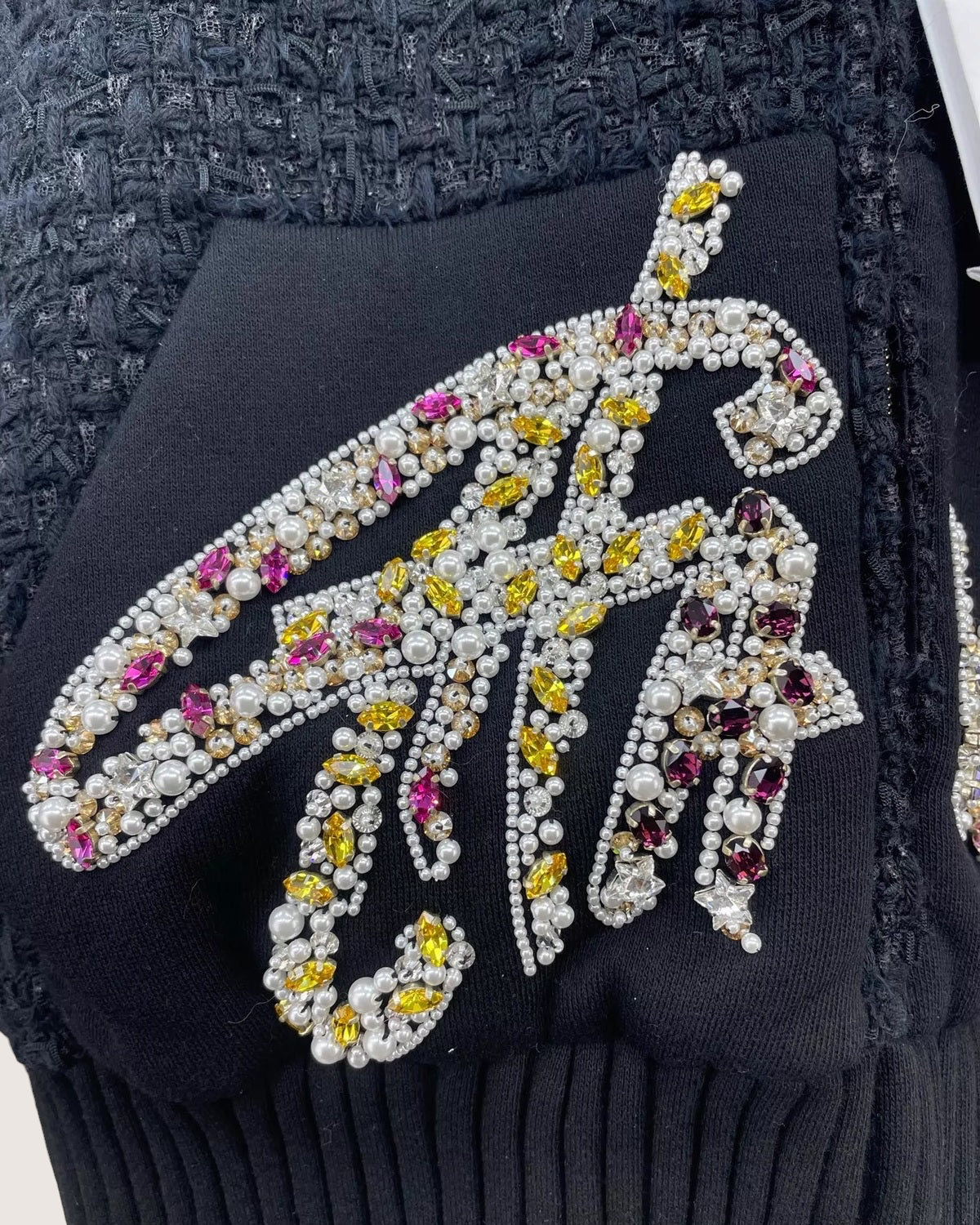 Chanel 22A Pearl & Crystal Embellished Logo Zip-Up Tweed Jacket Black FR 34