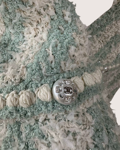 Chanel 23S Tweed Strappy Mini Dress Green, White FR 38