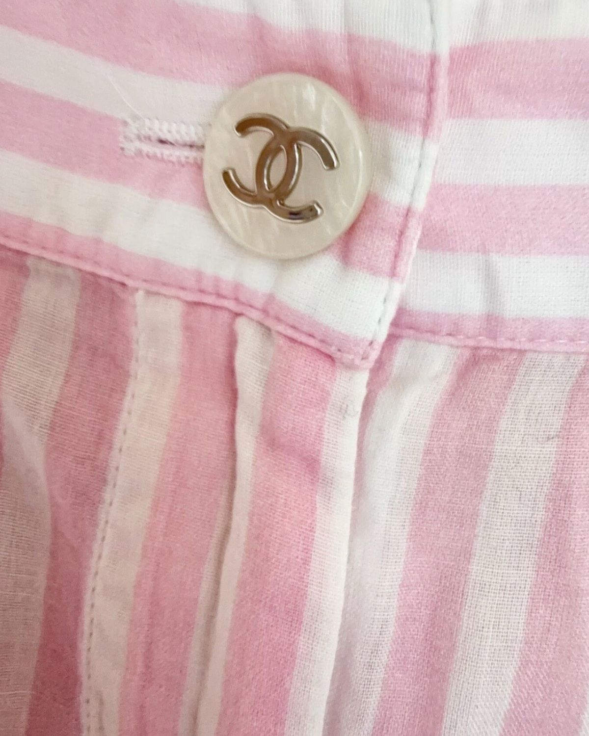 Chanel 24M Coco Beach Striped Logo Trousers Pink, White FR 38