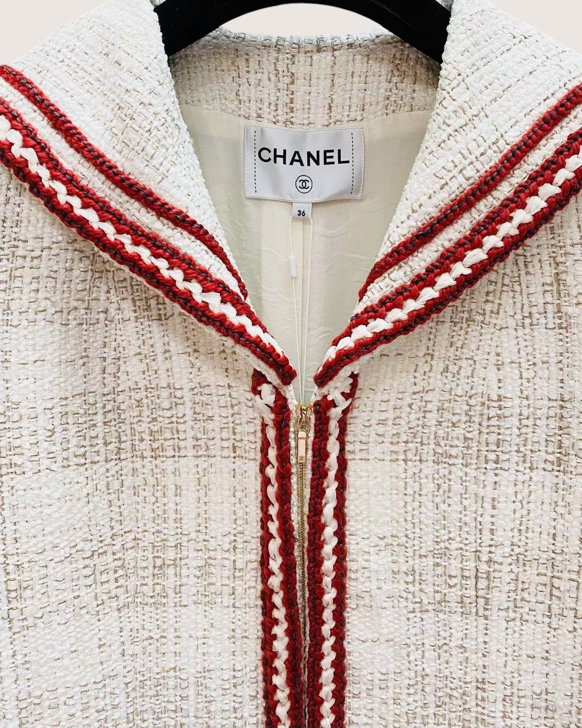 Chanel 18A Tweed Jacket Beige/Ecru, Red, White FR 36