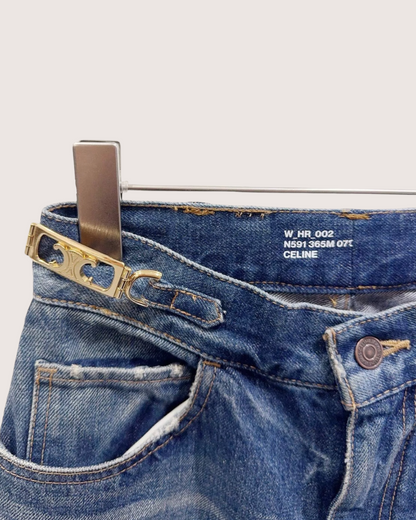 Celine Denim Wide-Leg Gold-Buckle Jeans Blue W28