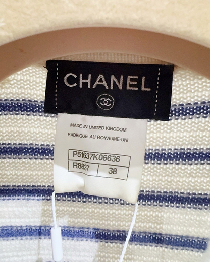Chanel 15S Cashmere Striped Mid-Length Dress Beige/Ecru, Navy FR 38
