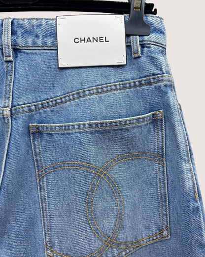 Chanel 26A Logo Denim Wide-Leg Jeans Blue FR 36