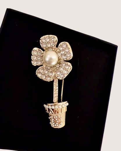 Chanel Camellia Flower Pot Earrings Gold, White One Size