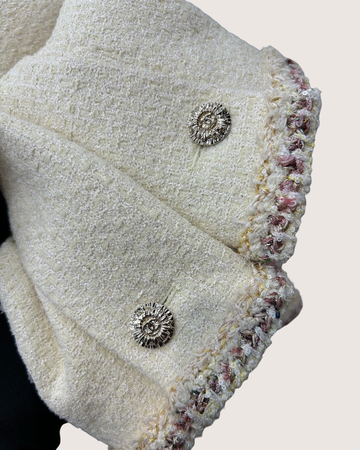 Chanel 26C Sequin-Trim Tweed Jacket Beige/Ecru, Pink FR 40