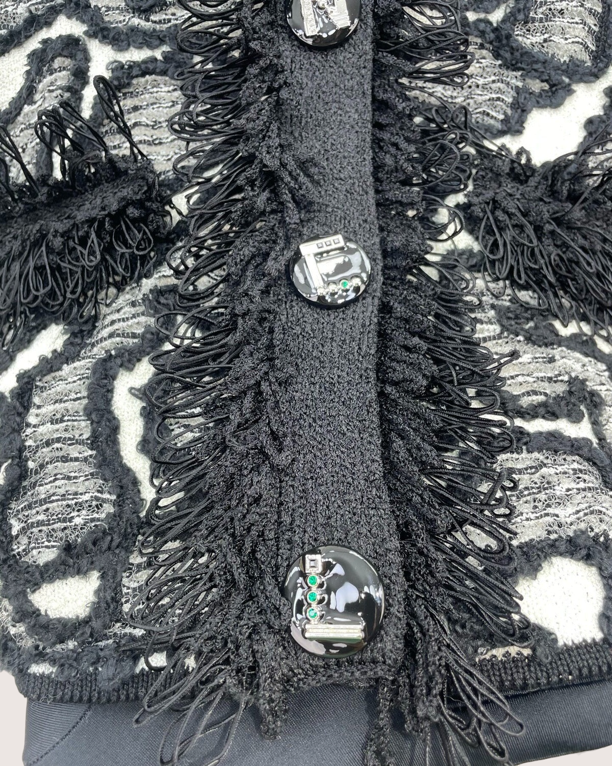 Chanel 26A Fringe Jacquard Cardigan Black, White, Grey FR 36