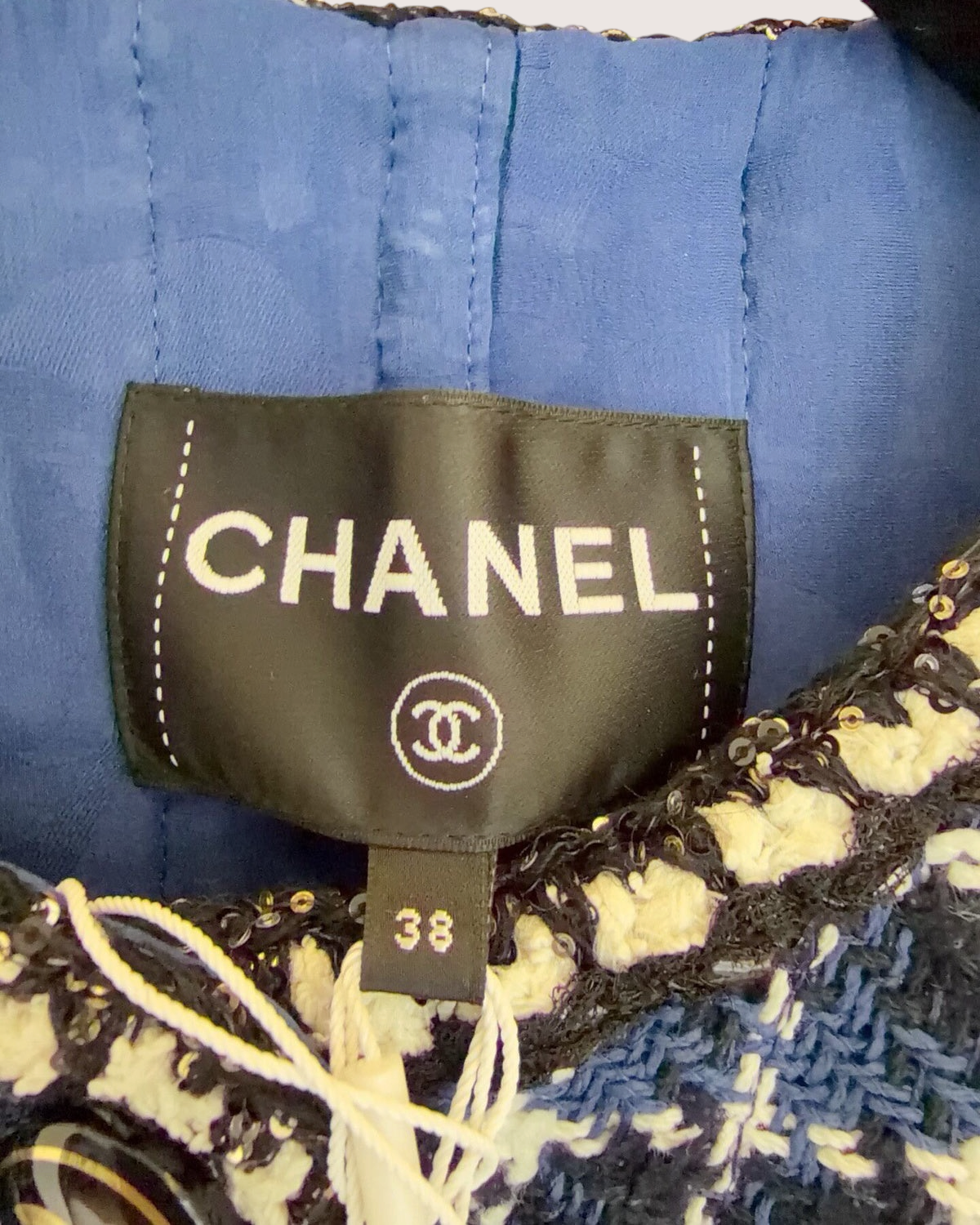 Chanel 23P Checked Tweed Jacket Blue, Black, Beige/Ecru FR 38