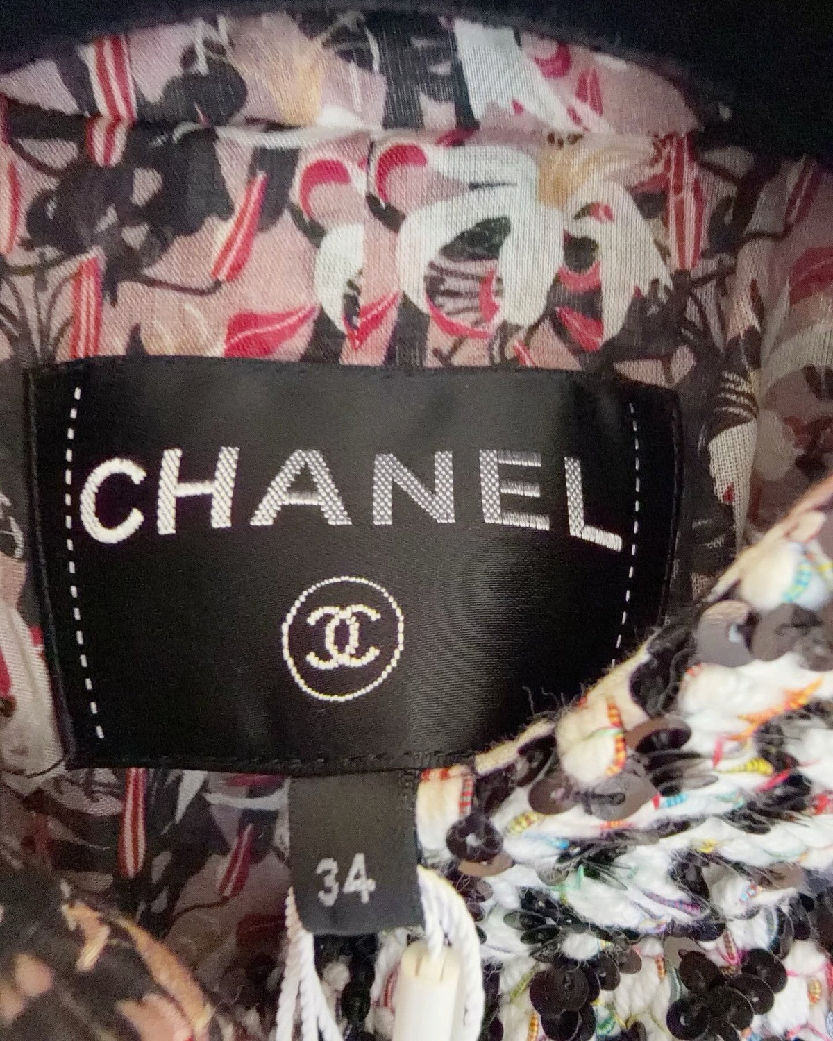 Chanel 23A Sequin Chevron Tweed Jacket Black, White, Multicolor FR 34