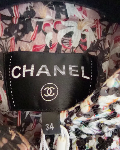 Chanel 23A Sequin Chevron Tweed Jacket Black, White, Multicolor FR 34