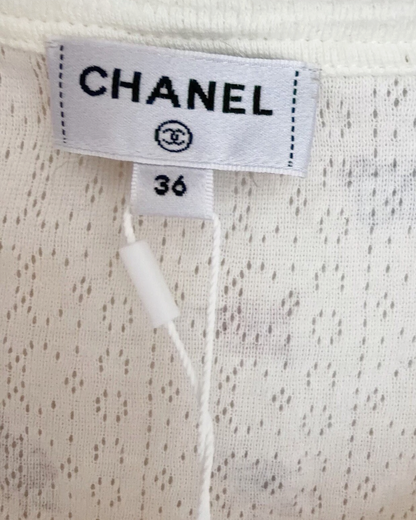 Chanel 24N Coco Neige Floral Openwork Bow Short-Sleeve Top White, Pink, Blue, Multicolor FR 36