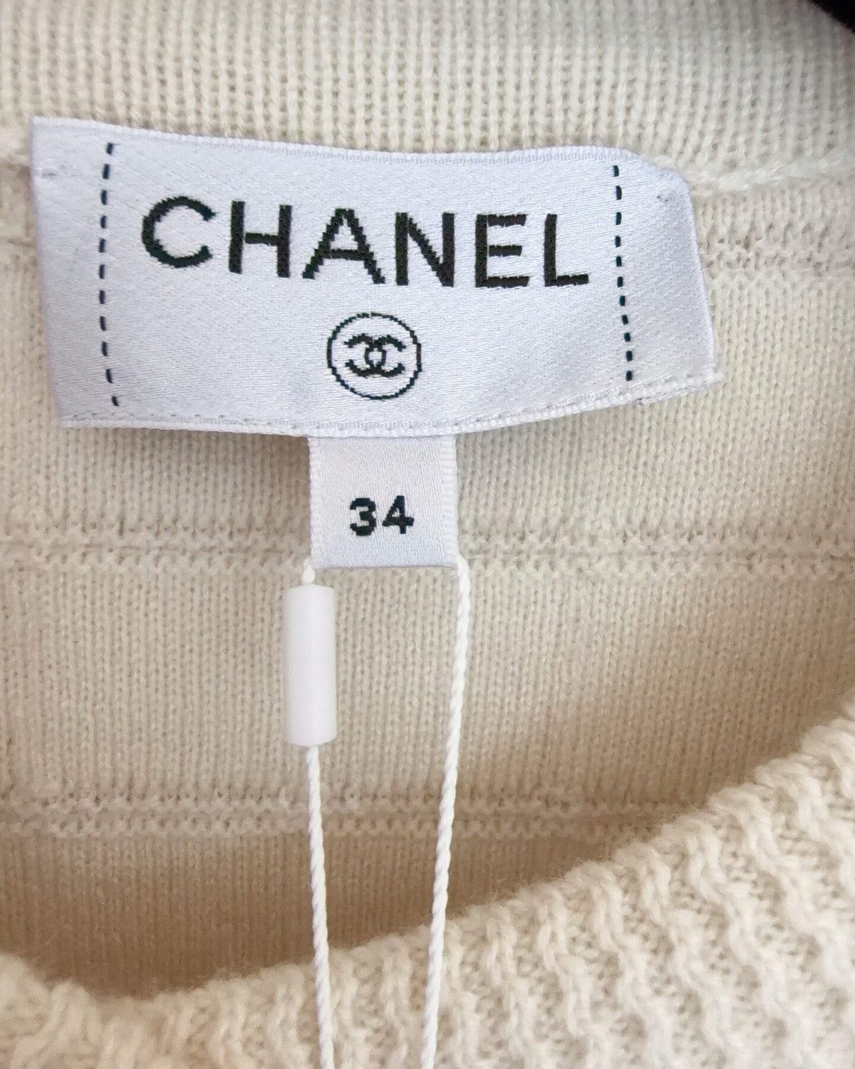 Chanel 26P Cashmere Plaid Fringe-Trim Cardigan Beige/Ecru FR 34