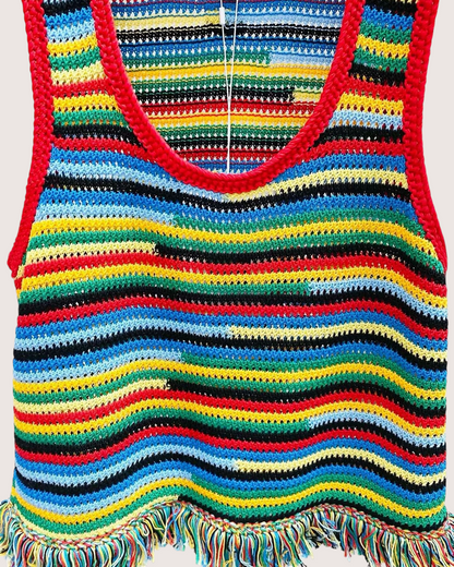 Chanel 26M Coco Beach Striped Fringe Crochet Tank Top Blue, Red, Green, Multicolor FR 36