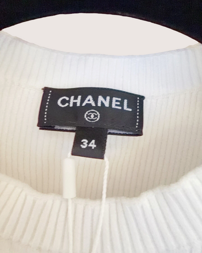 Chanel 25B Short-Sleeve Floral Openwork Top White FR 34
