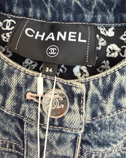 Chanel 25B Cropped Washed Denim Jacket Blue FR 34