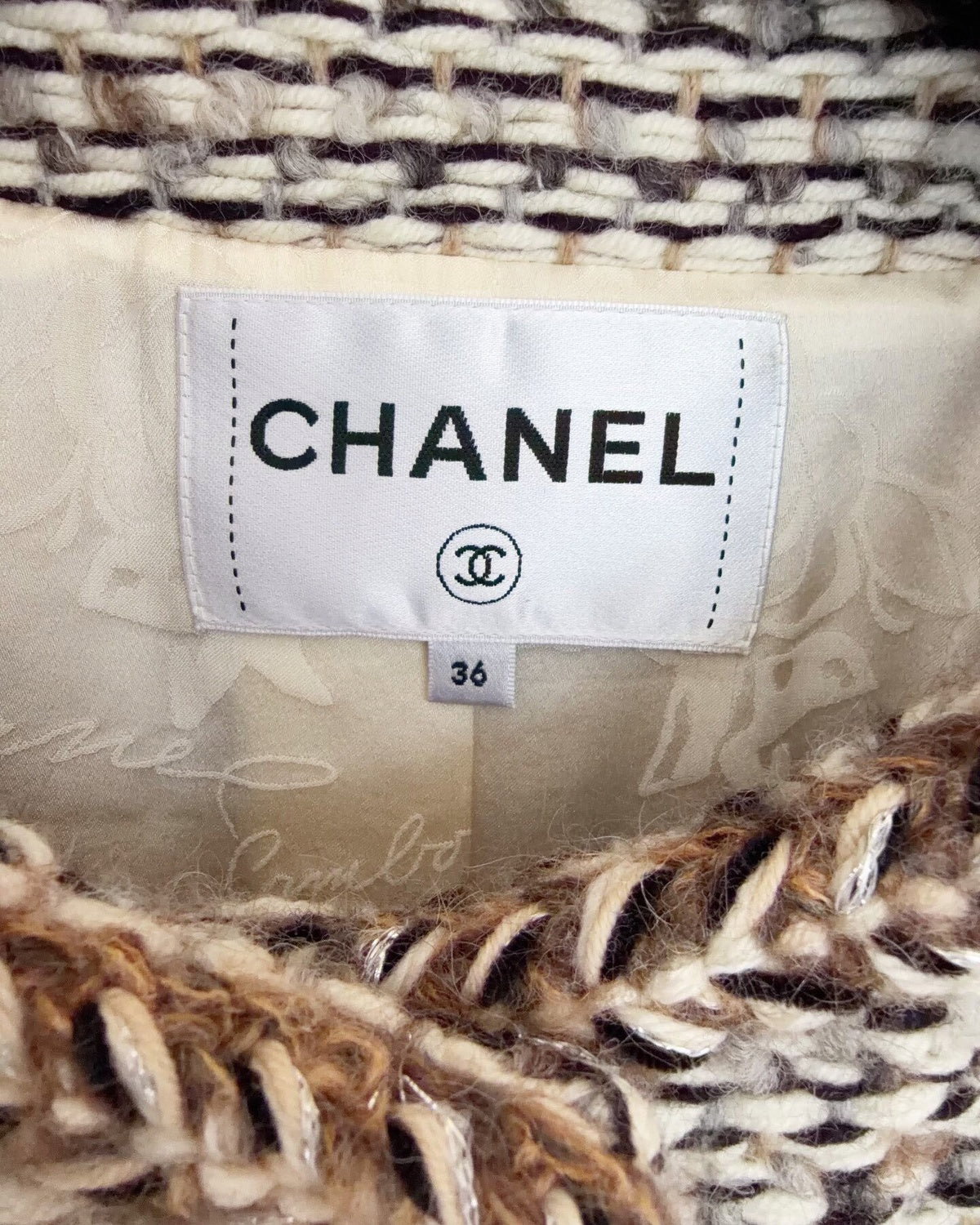 Chanel 18K Braided-Trim Two-Pocket Tweed Jacket Beige/Ecru, Black, Brown FR 36