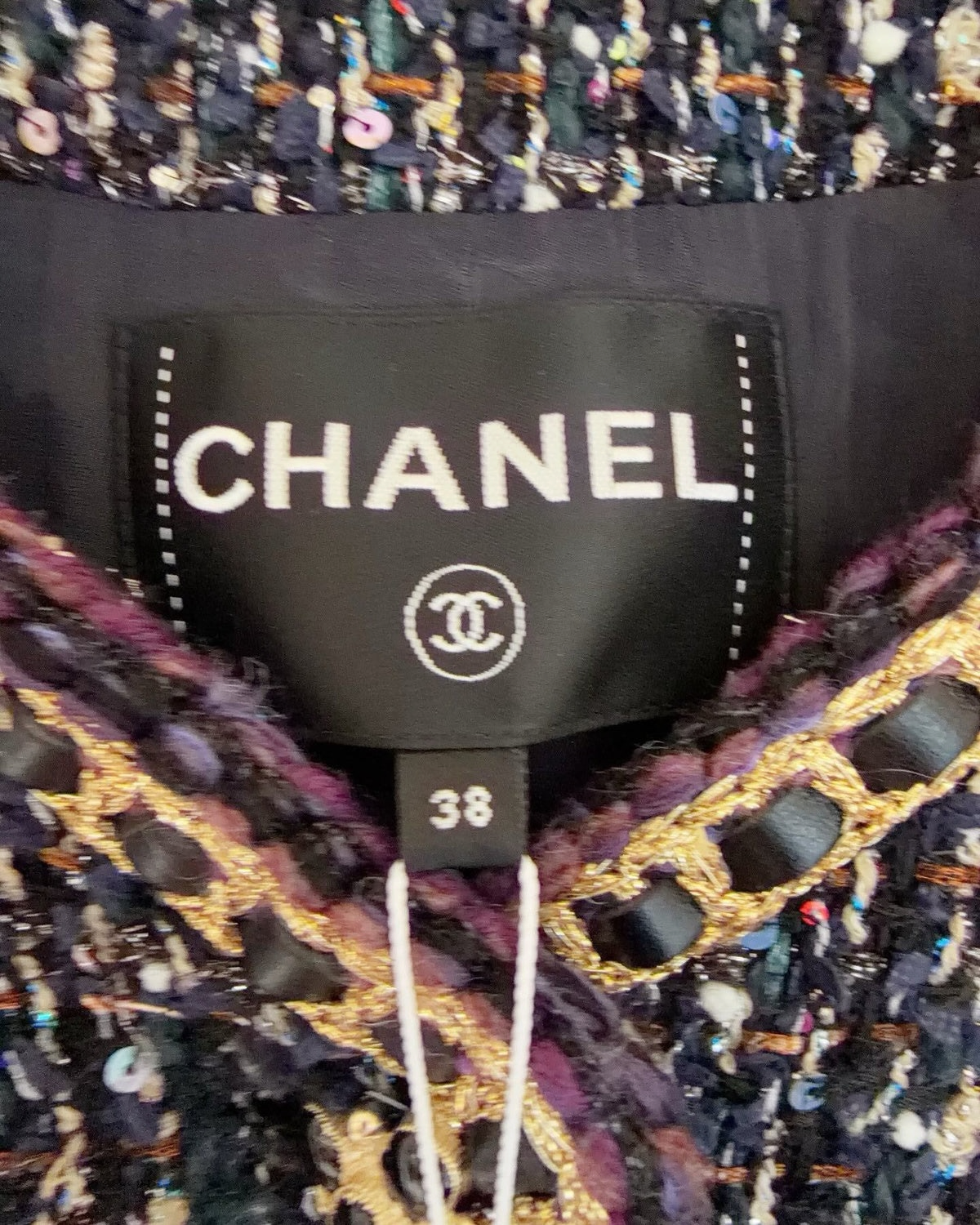 Chanel 21A Sequin Tweed Chain-Trim Coat Black, Purple FR 38
