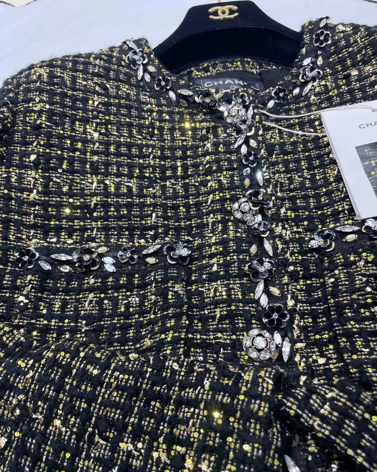 Chanel 25A Tweed Camellia Sequin Jacket Black, Gold FR 36