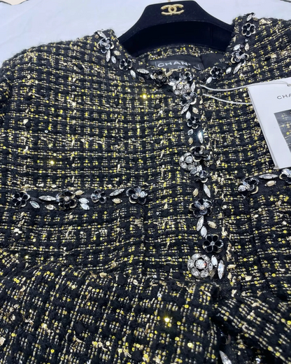 Chanel 25A Tweed Camellia Sequin Jacket Black, Gold FR 36