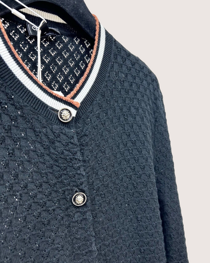 Chanel 26C Contrast-Trim Cardigan Black, White, Brown FR 34