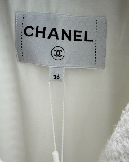 Chanel 26C Sequin Tweed Belted Coat White, Gold FR 36