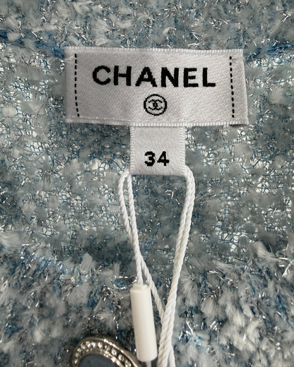 Chanel 26C Shimmer Knit Cardigan Blue, Silver, White FR 34