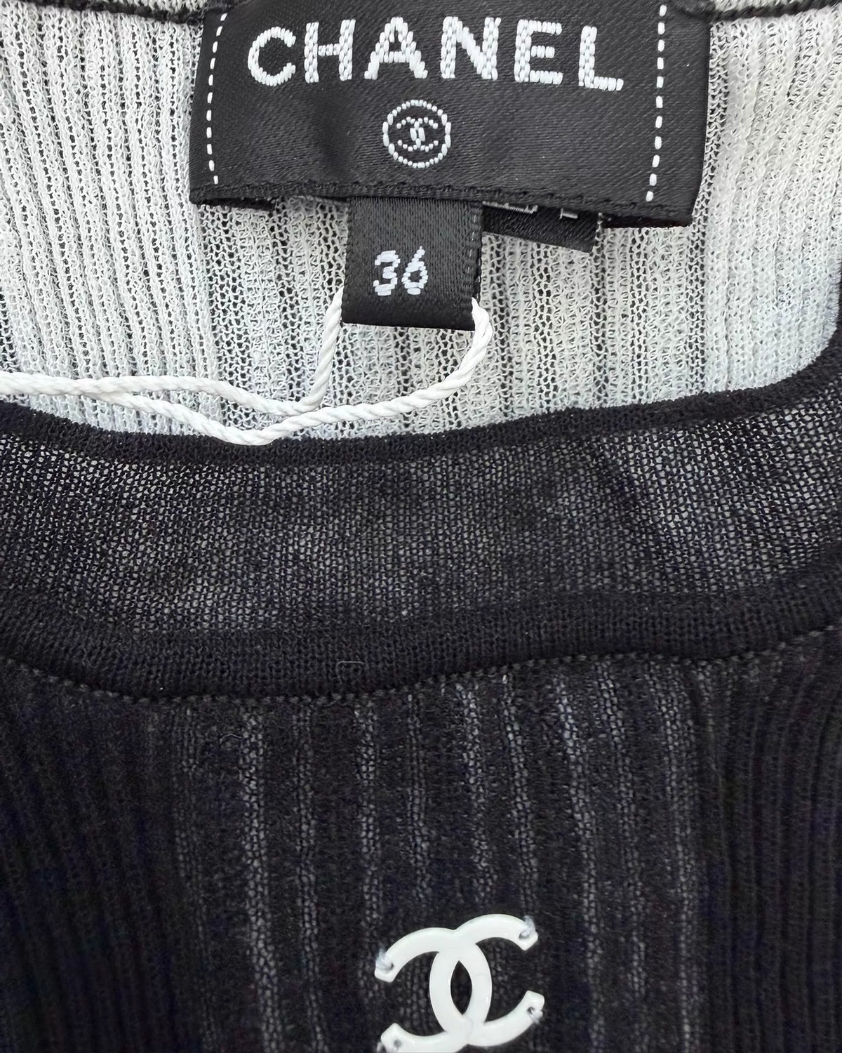 Chanel 26M Coco Beach Ribbed-Knit Short-Sleeve Top Black FR 36