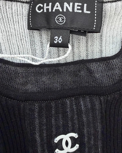 Chanel 26M Coco Beach Ribbed-Knit Short-Sleeve Top Black FR 36