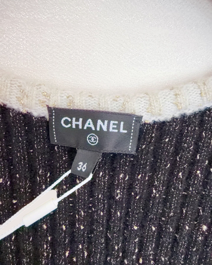 Chanel 25A CC Contrast-Trim Ribbed Tank Top Black, Beige/Ecru, Gold FR 36