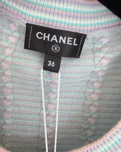 Chanel 25B Cashmere Striped Ruffle-Cuff Cardigan Blue, Green, Multicolor FR 36