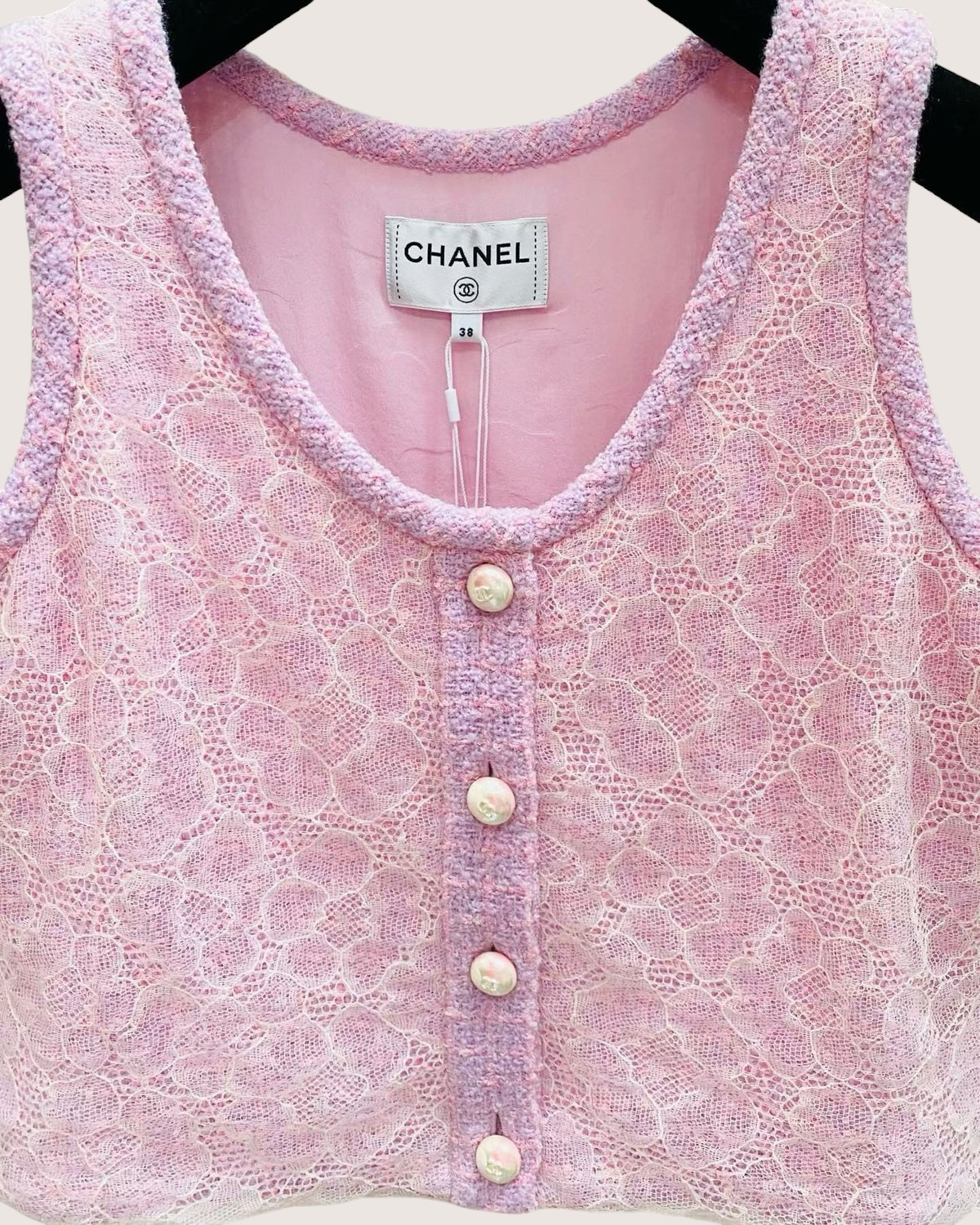 Chanel 25B Camellia Lace Vest Pink, White FR 38