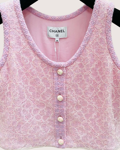 Chanel 25B Camellia Lace Vest Pink, White FR 38