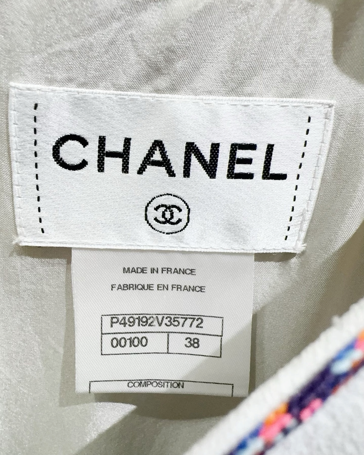 Chanel 14S Braid-Trim Cold-Shoulder Mid-Length Dress White, Grey, Multicolor FR 38