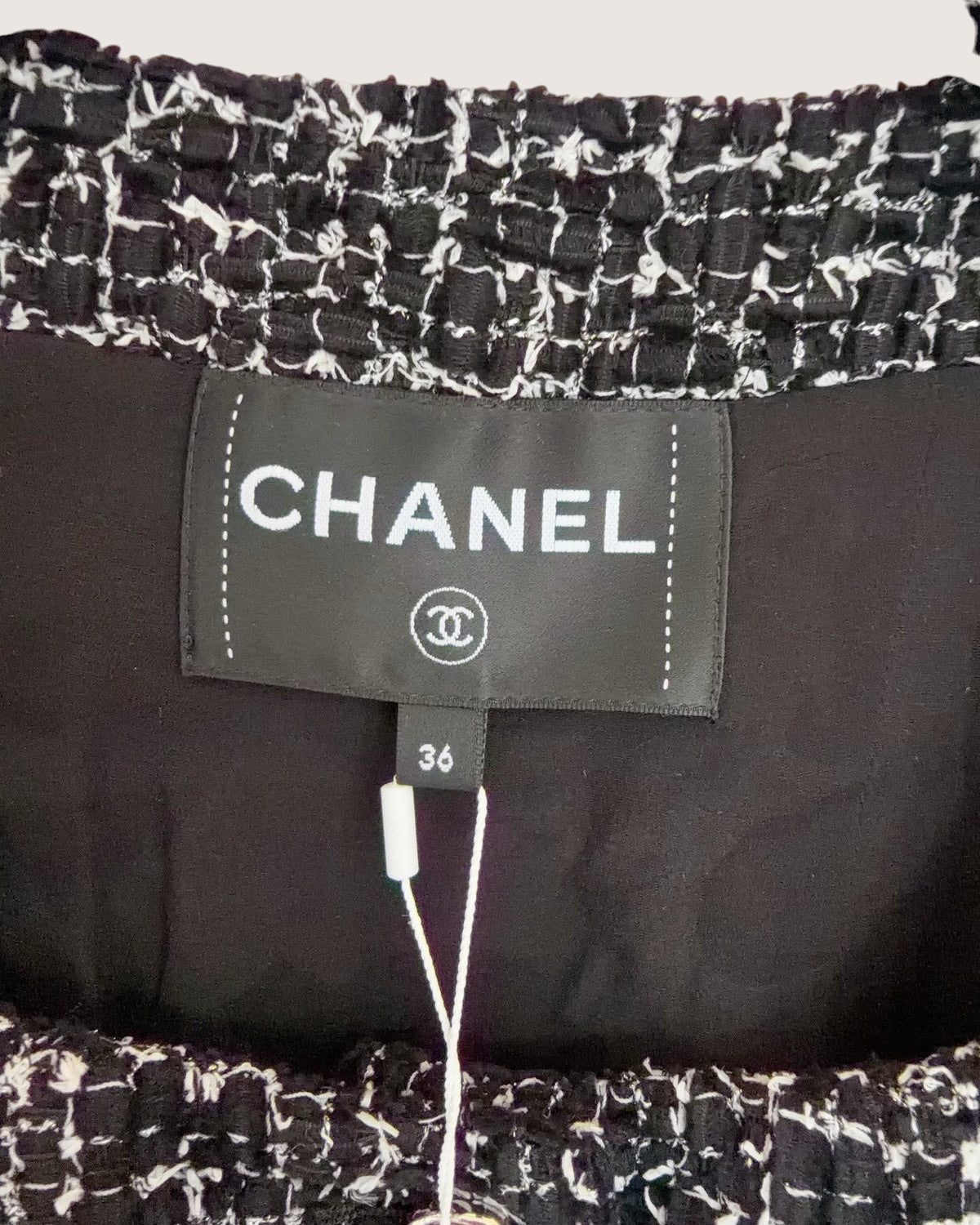 Chanel 24B Tweed Crewneck Jacket Black, White FR 36