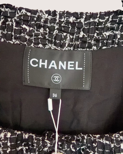 Chanel 24B Tweed Crewneck Jacket Black, White FR 36