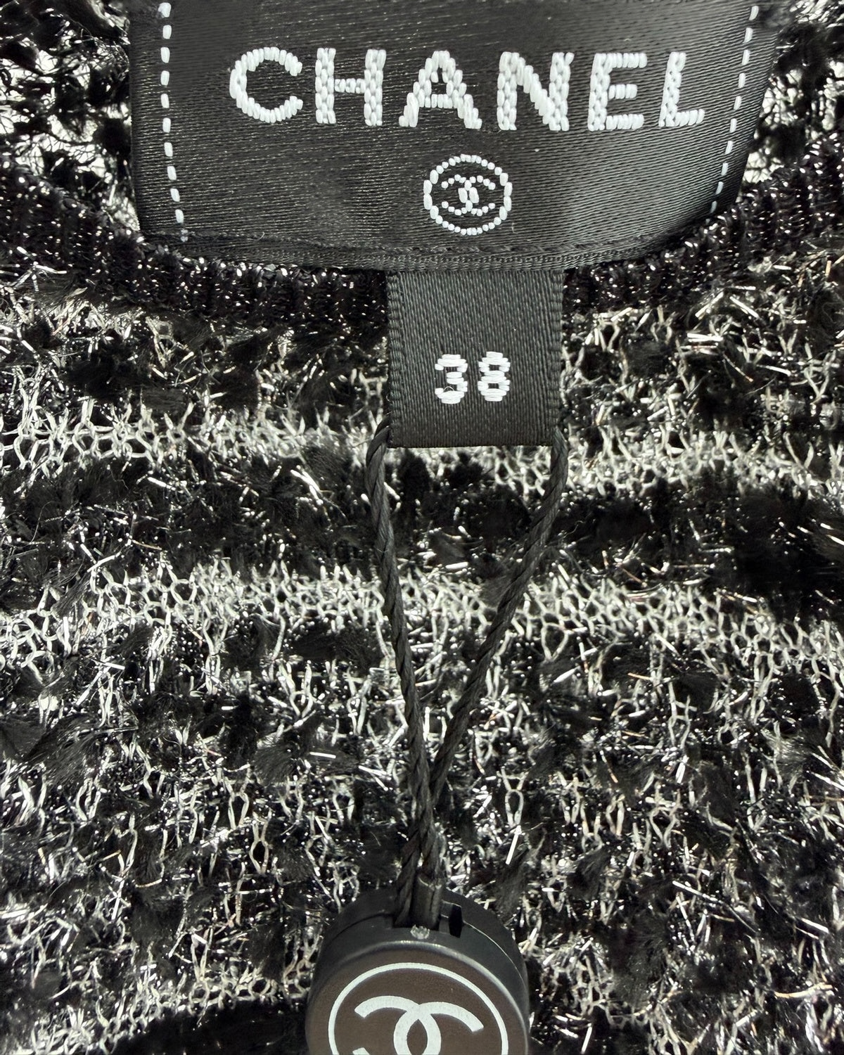 Chanel 26C Striped Crystal Button Strappy Vest Black, White, Silver FR 38