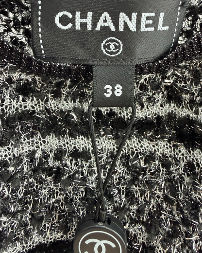 Chanel 26C Striped Crystal Button Strappy Vest Black, White, Silver FR 38