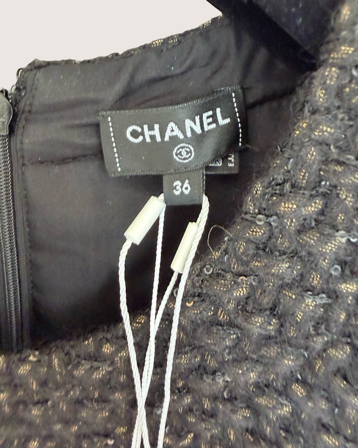 Chanel 25A Tweed Mini Dress Black, Gold FR 36